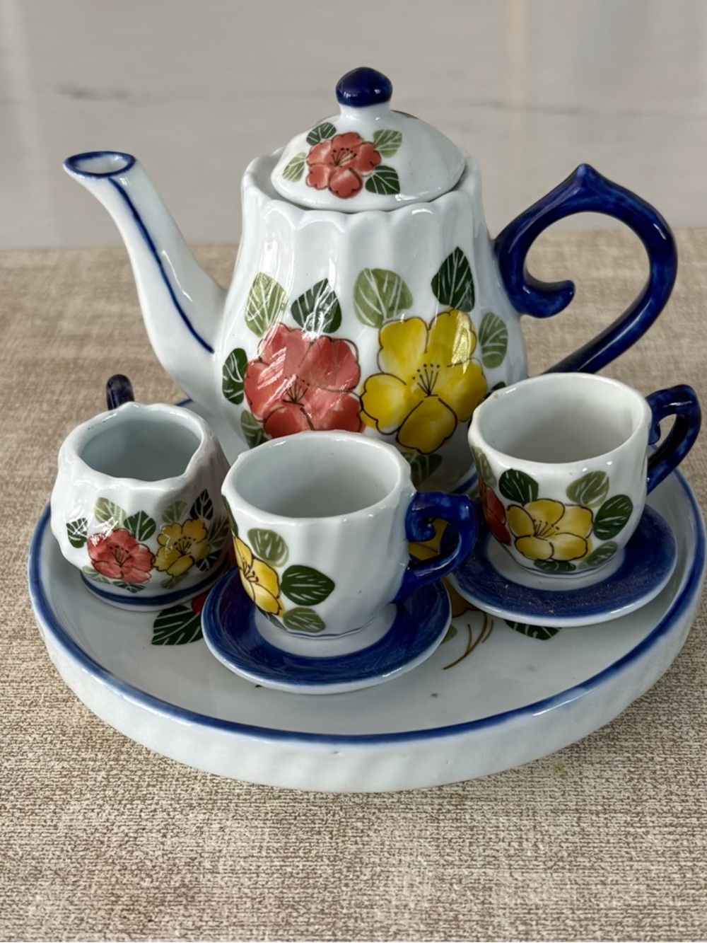 Floral Mini Doll Tea Set with Blue Accents